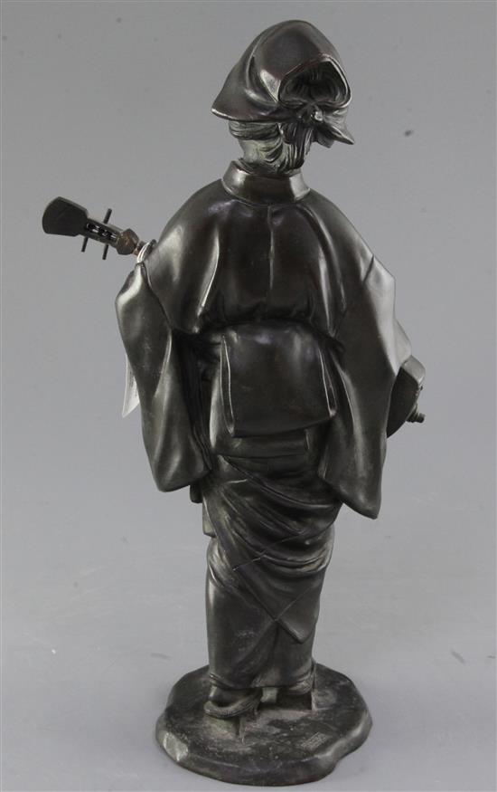 A Japanese bronze figure of a lady playing a shamisen, 19th century, 37.5cm